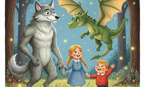 Loupin, un grand loup-garou au visage doux et à la fourrure argentée, se tient debout et incline la tête pour encourager un grand dragon vert aux écailles lumineuses qui prend son envol depuis une clairière nocturne éclairée par une lune ronde et des lucioles pendant que Lila, une fillette d’environ 8 ans aux tresses blondes en robe bleue, et son petit frère Tom, un garçonnet de 5 ans en veste rouge, tiennent la main et applaudissent émerveillés.