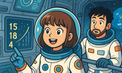 Une jeune astronaute, Lina, d'environ 30 ans avec une frange brune et des yeux curieux, flotte dans la station spatiale Horizon. Elle porte une combinaison spatiale blanche ornée de détails colorés et sourit en observant des écrans lumineux remplis de données. À proximité, Malik, un homme d'une trentaine d'années avec des cheveux noirs en bataille et une barbe légère, regarde les données avec intérêt. La station spatiale futuriste a des murs en métal argenté, des fenêtres offrant une vue sur la Terre et de nombreux instruments scientifiques flottants. Lina découvre une anomalie dans les données du champ magnétique, attirée par des chiffres dansants sur un écran, tandis que les lumières scintillent, créant une ambiance de mystère et d'aventure.