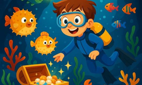 Un garçon de 8 ans, Tom, avec des cheveux ébouriffés et un grand sourire, porte une combinaison de plongée bleue. Il nage dans une grotte sous-marine, entouré de poissons colorés et de coraux. À côté de lui, un crabe orange danse sur le sable, tandis qu'un poisson-globe flotte près de son visage. La grotte est illuminée par des poissons-lampes, et des algues ondulent autour d'eux. Tom découvre un coffre au trésor rempli de perles et de coquillages, affichant une expression de joie.
