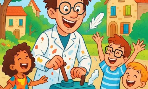 Monsieur Victor, au centre de l'image, porte des lunettes rondes et une blouse de travail tachée de peinture. Il sourit joyeusement en tenant un levier, prêt à actionner sa machine à chatouiller. Autour de lui, des enfants de 6 à 10 ans rient, dont une petite fille aux cheveux bouclés qui tente d'attraper une plume et un garçon aux lunettes carrées, bras levés. La scène, située sur la place du village avec des maisons en pierre et des arbres verdoyants, est animée par le ciel bleu clair. Victor active sa machine, déployant des bras emplumés et faisant résonner des grelots, créant une ambiance joyeuse parmi les villageois.