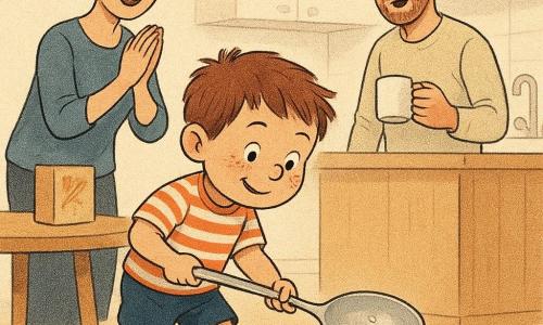 Garçon de 4 ans concentré et joyeux, visage rond avec taches de rousseur, cheveux châtain courts en bataille, en chemise à rayures et chaussettes dépareillées, avance trois pas très lents tenant une grande cuillère brillante avec trois grains de riz vers un bol en porcelaine sur une table ronde en bois; derrière la table à gauche, la mère d'environ 30 ans, cheveux en chignon, applaudit doucement, et à droite le père d'environ 32 ans, barbe naissante, tient une tasse, amusé et surpris; cuisine lumineuse avec plan de travail en bois clair, petite boîte de céréales posée comme obstacle, une petite voiture rouge sur le sol menaçant de le faire trébucher, atmosphère douce, colorée et pleine de mouvement retenu.