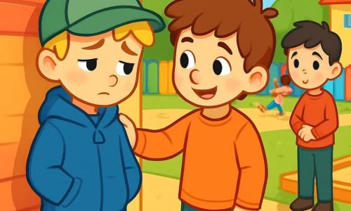 Léo, un garçon de 6 ans aux cheveux blonds, porte une casquette verte et un manteau bleu. Il semble triste, se tenant près d'un mur de l'école avec les mains dans les poches. À ses côtés, Martin, un autre garçon de 6 ans aux cheveux bruns, le regarde avec compassion. Un peu plus loin, Tom, aux cheveux noirs, semble hésitant. La scène se déroule dans la cour de récréation d'une école primaire, avec des jeux et un ciel bleu. L'atmosphère est tendue mais pleine d'espoir, les enfants apprenant l'importance de l'amitié et du respect.