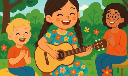 Une jeune fille, Lou, est assise sur une chaise en bois dans un jardin ensoleillé. Elle a de longs cheveux bruns tressés, un sourire radieux et porte une robe à fleurs. Elle joue de la guitare sur ses genoux, tandis que des voisins, enfants et adultes, l'écoutent avec le sourire. Un petit garçon bat des mains en rythme et une femme applaudie. Le jardin est rempli de fleurs, de verdure et d'arbres, avec des oiseaux chantant. Lou chante joyeusement, créant un moment de partage musical et de bonheur.