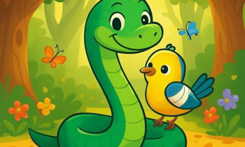Un serpent nommé Sissi, avec une peau lisse et brillante aux écailles vert émeraude, se tient fièrement au centre de la scène, affichant un sourire bienveillant. À ses côtés, un petit oiseau aux plumes jaunes et bleues, avec une aile bandée, le regarde avec gratitude, perché sur son dos. La scène se déroule dans une forêt enchantée, avec de grands arbres noueux et des rayons de soleil filtrant à travers le feuillage, créant des motifs lumineux sur le sol. Sissi aide l'oiseau blessé à se déplacer, le portant doucement sur son dos, tandis que des fleurs colorées et des papillons dansent autour d'eux, ajoutant une touche de magie à leur amitié.