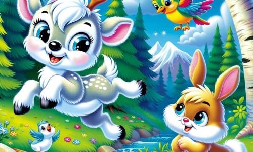Un petit renne nommé Flocon, avec un pelage blanc comme la neige et des bois scintillants, saute joyeusement par-dessus un ruisseau. À proximité, un oiseau multicolore vole autour de lui, tandis qu'un lapin aux grandes oreilles l'encourage. La scène se déroule dans une forêt enchantée, avec des arbres majestueux et un ciel bleu clair. Flocon, courageux, traverse la forêt, prêt pour son aventure, entouré de la beauté de la nature.