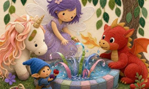 La fée Lila, joyeuse et concentrée, ailes en organza blanc, cheveux violets courts, robe lilas brodée, pose la main au bord d'une fontaine ronde; le petit dragon Pim, rond et chaleureux en velours rouge-orange, souffle une flamme dorée à droite; la licorne Plume, crinière pêche en rubans et pansement feuille, penche la tête à gauche vers l'eau; le lutin Bobo, minuscule en bonnet bleu, tient deux baies en feutrine au premier plan; la fontaine des Couleurs, faite de tissus bleus, roses et verts et perles brillantes, projette des rubans lumineux dans l'eau, lumière dorée, saule en appliqué en arrière-plan, texture de coutures et broderies, palette tendre et gaie.