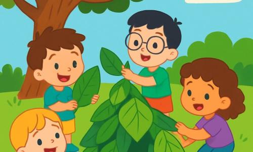 Il y a 4 enfants : Léo, un garçon de 3 ans avec des cheveux bruns en bataille, portant un t-shirt bleu et un short jaune, debout et souriant avec une grande feuille verte. Mia, une fille de 3 ans avec des cheveux blonds tressés, vêtue d'une robe rose à pois blancs, assise sur l'herbe. Ana, une fille de 3 ans avec des cheveux châtains bouclés, portant un t-shirt violet et un pantalon en jean, accroupie en ramassant des feuilles. Tom, un garçon de 3 ans avec des cheveux noirs et des lunettes rondes, habillé d'un t-shirt vert et d'un short rouge, se tient à côté de Léo. Ils sont sous un grand arbre, sur une herbe verte parsemée de fleurs, dans un ciel bleu clair. Ils construisent une maison de feuilles, riant et échangeant des feuilles dans une ambiance joyeuse et amicale.