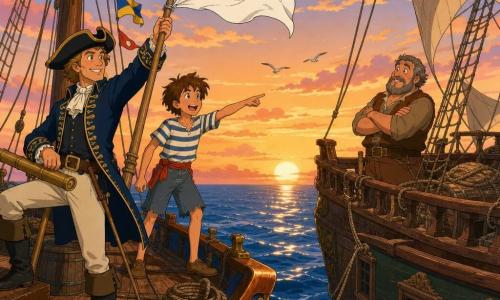 Le capitaine Renaud souriant, bonnet tricorne incliné et veste de marin bleu à broderies dorées, brandit un grand drapeau blanc tandis que Marco, garçon d'environ 12 ans aux cheveux bruns en bataille et en tee-shirt rayé, essoufflé mais enthousiaste, pointe vers l'horizon près du mât. À une dizaine de mètres, le capitaine marchand d'environ 45 ans, visage rond et barbe poivre et sel, en vêtement simple, observe intrigué depuis la poupe du navire en face. Sur le pont verni du navire L'Étoile Vagabonde, cordages, barils et drapeaux colorés, la mer bleu profond et un ciel orangé de fin d'après-midi créent une scène d'alliance pacifique centrée sur le geste du drapeau, ambiance chaleureuse et couleurs vives.