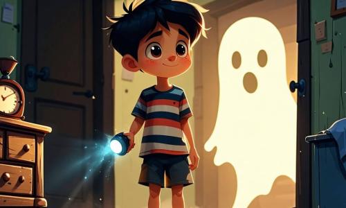 Un garçon de 10 ans, Lucas, avec des cheveux en bataille et des yeux curieux, se tient dans une chambre d'enfant poussiéreuse, l'air excité et un peu effrayé. Il porte un t-shirt rayé et un short, tenant une lampe de poche qui éclaire une vieille boîte à musique sur une commode. À côté de lui, une silhouette floue d'une fille d'environ 8 ans, avec des cheveux longs et ondulés, vêtue d'une robe blanche usée, l'observe avec un sourire doux et triste, semblant flotter légèrement au-dessus du sol. La pièce est remplie de vieux jouets éparpillés et de meubles recouverts de draps, avec des murs ornés de papiers peints décolorés. Une lumière douce filtre à travers une fenêtre brisée, créant des ombres dansantes. Lucas s'approche de la boîte à musique, dont la mélodie évoque les souvenirs des enfants perdus, créant une atmosphère mystérieuse et mélancolique.