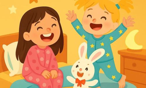 Il y a 3 personnages : Zoé, une fille de 5 ans avec de longs cheveux bruns, en pyjama rose à pois, assise sur un lit moelleux en riant ; Léna, une fille de 4 ans avec des cheveux blonds en couettes, en pyjama bleu avec des étoiles, debout à côté d'elle, levant les bras avec un grand sourire ; et Doudou lapin, un lapin en peluche blanc avec un nœud rouge, assis sur l'oreiller, prêt à danser. La chambre d’enfant est chaleureuse, avec des murs jaunes pastel, des étoiles au plafond, un tapis en forme de nuage et des jouets colorés au sol. Zoé et Léna rient tandis que Doudou lapin fait des pirouettes sur le lit, créant une ambiance joyeuse et ludique pour une histoire drôle avant de dormir.