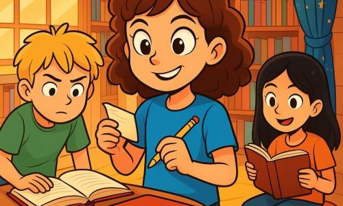 Emma, une fille de 10 ans, est au centre de la scène, avec des yeux curieux et un sourire malicieux. Elle a des cheveux châtains bouclés, porte un t-shirt bleu vif et prend des notes dans un carnet avec un crayon jaune, prête à résoudre un mystère. À côté d'elle, Jules, un garçon aux cheveux blonds en bataille et un t-shirt vert, lit attentivement un livre sur la table, intrigué. Lina, une autre fille, avec des cheveux raides et noirs, est assise sur un pouf, feuilletant un roman d'aventure, les yeux pétillants d'excitation. La médiathèque est lumineuse, avec de grandes fenêtres, des murs couverts de livres colorés et une table ronde en bois entourée de poufs. Emma, Jules et Lina enquêtent sur un livre rouge ouvert sur la table, tandis qu'Emma examine un indice mystérieux avec concentration.