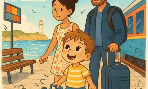 Un garçon de 4 ans, joyeux et émerveillé, cheveux châtain clair en bataille, tient un petit wagon jouet bleu en regardant la mer; il porte un pull rayé jaune et blanc, un short en jean et des baskets rouges un peu boueuses. Sa mère, environ 32 ans, souriante et rassurante, cheveux bruns en chignon et robe légère à fleurs, se tient à sa gauche en lui tenant la main; son père, environ 34 ans, calme et protecteur, barbe légère, veste bleue et sac à dos, se tient juste derrière avec la main sur une valise à roulettes. Ils sont sur le quai pavé d'une petite gare côtière avec un vieux banc en bois, panneaux colorés, une voie de train rouge et bleue et la mer scintillante en arrière-plan, quelques mouettes, dunes et un phare lointain; la famille vient de descendre du train et observe la mer au matin, lumière dorée, composition centrée sur le garçon avec des doodles de vagues et de petits trains autour.