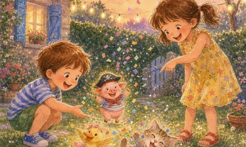 Deux enfants d'environ 6 ans : Léo, garçon châtain court en chemise rayée bleue et shorts verts, accroupi à gauche, tend la main vers une pluie de confettis se transformant en petits animaux ; Zoé, fille brune en couettes en robe jaune à fleurs et sandales rouges, debout à droite, penchée en avant, rit en pointant un chat confetti qui fait une roulade ; scène au crépuscule dans un jardin de village (pelouse fleurie, haie avec guirlandes, petit chemin de pierres, maisonnette en bois aux volets bleus, ciel rose-orangé) : une boîte magique ouverte au centre libère des confettis lumineux qui deviennent des animaux colorés (chat, cochon pirate, canard en tutu), atmosphère joyeuse et fantaisiste, mouvements doux, confettis en suspension, rendu aquarelle humide avec traits fins au gel blanc pour les reflets.