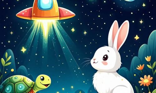 Léo, un lapin blanc curieux, se tient au centre, émerveillé par un vaisseau spatial brillant qui flotte au-dessus de lui. À ses côtés, Trixie, une tortue savante, observe le vaisseau avec des yeux ébahis, tandis que Felix, un renard rusé, se tient en retrait, intrigué. Ils se trouvent dans une clairière entourée d'arbres multicolores et de fleurs scintillantes, sous un ciel bleu étoilé avec une comète filante. Léo et ses amis découvrent le vaisseau d'un extraterrestre, Zog, qui est prêt à partager son histoire.