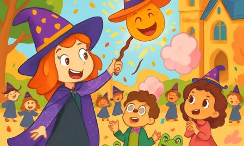 Pénélope Patataboum, une jeune sorcière pétillante au chapeau violet à pois jaunes, fait rire la cour de l’école de sorcellerie. Elle porte une cape à paillettes et lance un sort avec sa baguette tordue, créant un chapeau qui raconte des blagues. À ses côtés, Igor le Maladroit, un garçon de 9 ans aux lunettes rondes, essaie de contrôler des grenouilles en tutu qui dansent autour de lui. Mimi la Mini-Sorcière, 8 ans, transforme des nuages en barbe à papa. La scène se déroule dans la cour ensoleillée de l’école des Fées-Folles, entourée d’arbres colorés et de fleurs éclatantes, avec des élèves riant et des confettis flottant dans l’air. Pénélope fait un sort qui fait rire le jury, tandis que des bulles parfumées à la banane s’envolent autour d’elle et que la foule applaudit.