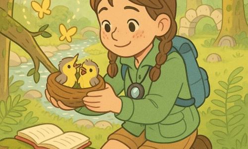 Clara, fillette exploratrice d'environ 8 ans, à genoux sur un tronc moussu, sourit doucement en remettant délicatement un petit nid rond dans une branche basse; elle a des tresses brunes, des taches de rousseur, une veste verte, un sac à dos bleu, une loupe au cou et un carnet de croquis ouvert à côté d'elle, tandis que deux oisillons jaunes et gris piaillent dans le nid et que des papillons jaunes forment un chemin lumineux; en arrière-plan coule une rivière scintillante avec un petit pont en bois et des pierres en demi‑cercle, la clairière est bordée de fougères et d'arbres moussus, des rayons de soleil percent le feuillage et l'ambiance est chaleureuse et protectrice, couleurs pastel et traits arrondis.