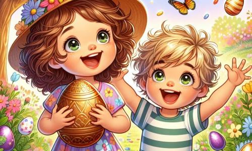 Céline, 8 ans, cheveux châtains bouclés, porte une robe à fleurs et un chapeau de soleil. Elle sourit, les yeux brillants, tenant un œuf en chocolat doré. À ses côtés, Max, son frère de 5 ans, cheveux blonds en bataille, saute de joie, émerveillé par l'œuf. Le jardin printanier est rempli de fleurs, de papillons et d'un grand chêne. Des œufs en chocolat colorés sont cachés dans les buissons. Céline et Max ont découvert un œuf doré sous le chêne et sont impatients de vivre de nouvelles aventures de Pâques.