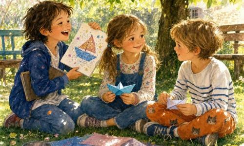 Zoé, 8 ans, visage rond, cheveux châtain clair en deux couettes, expression douce et réfléchie, sourit en tenant un petit bateau en papier bleu; Lou, aussi 8 ans, cheveux très courts, pantalon orange à motifs de petits chats, la regarde bienveillant en pliant un autre bateau à sa droite; Paul, environ 8 ans, cheveux bruns en bataille, carnet de dessins sous le bras, rit en montrant un dessin pailleté, assis légèrement derrière Zoé; la scène se déroule sous un vieux tilleul à l'ombre tachetée, en après-midi de printemps à la lumière chaude — trois enfants assis en cercle sur l'herbe, partageant des bateaux en papier dans une ambiance complice.
