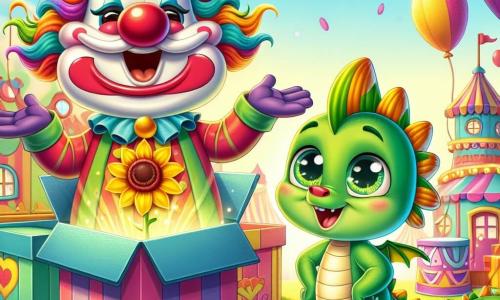 Un petit dragon vert nommé Léo, avec des écailles brillantes et des yeux curieux, se tient joyeusement devant une boîte colorée, souriant d'excitation. À côté, un clown joyeux avec un nez rouge et des cheveux multicolores rit en sortant de la boîte, bras ouverts pour accueillir Léo. Plus loin, une fleur dansante avec des pétales roses et jaunes sourit et agite ses pétales au rythme de la musique du carnaval. Le décor est un village festif rempli de ballons colorés, de guirlandes scintillantes et de confettis, sous un ciel bleu clair où le soleil se couche, projetant des ombres dorées. Léo découvre la surprise du clown, entouré de ses amis, prêts à célébrer la magie du carnaval.
