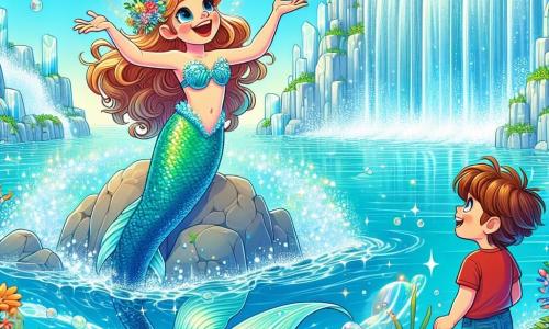 Une sirène nommée Mélina, avec des écailles turquoise et des cheveux longs, nage joyeusement dans une cascade d'eau cristalline. Elle chante une mélodie enchanteresse, entourée de bulles d'eau. À proximité, Léo, un garçon de dix ans aux cheveux bruns et aux yeux curieux, se tient sur un rocher, émerveillé par Mélina. Ils se trouvent sur une île flottante illuminée, avec des cascades et des fleurs colorées. La scène montre Mélina chantant tandis que Léo s'approche d'elle, prêt à découvrir ce royaume fantastique.