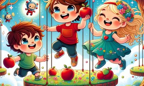 Dans un jardin suspendu, trois amis s’amusent. Milo, un garçon de quatre ans avec des cheveux bruns et un t-shirt rouge, saute sur une plateforme avec une pomme rouge. À côté, Léo, également âgé de quatre ans, grimpe sur un nuage de coton. Zoé, une petite fille en robe bleue, rit en sautant d'une plateforme à l'autre, entourée de fleurs colorées. Le jardin est magique, avec des arbres luxuriants, des plateformes fleuries et des fruits brillants. Les trois amis cueillent des pommes en dansant et en riant, profitant d'une journée ensoleillée remplie de joie et d’amitié.