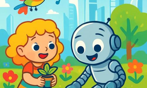 Zippy, un petit robot aux yeux ronds et brillants, avec un corps argenté et des bras articulés, sourit en plantant des graines dans un jardin futuriste. Mia, une petite fille aux cheveux bouclés et dorés, regarde Zippy avec joie, tenant une petite plante. Pipo, un drone-oiseau aux plumes multicolores, virevolte joyeusement au-dessus d'eux. Ils se trouvent dans un parc lumineux de la ville de Luminia, avec des tours en verre scintillantes et des fleurs éclatantes. Zippy et Mia travaillent ensemble pour créer un robot-jardin, entourés de fleurs colorées, tandis que Pipo danse dans le ciel.