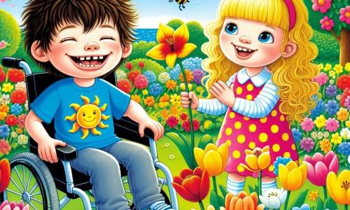Deux enfants, Lucas et Emma, se tiennent dans un jardin coloré. Lucas, un garçon de sept ans, est en fauteuil roulant, souriant et portant un t-shirt bleu. Emma, également sept ans, est à ses côtés avec des boucles dorées et une robe rose à pois, tenant une abeille en papier. Le jardin regorge de fleurs multicolores sous un ciel bleu parsemé de nuages. Ils célèbrent le printemps avec leurs camarades, partageant rires et histoires sur la nature.