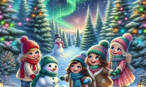 Quatre petites filles de 8 à 10 ans se tiennent joyeusement au centre de la scène. Emma, avec son bonnet rouge et des joues roses, rit en poussant la luge de Clara, qui porte une écharpe bleue. Lila, avec des cheveux bouclés, tient une boule de neige, tandis que Zoé, avec ses lunettes, observe la scène. Le décor est une clairière hivernale enchantée, entourée d'arbres recouverts de givre sous un ciel crépusculaire avec des aurores boréales. La neige recouvre le sol, et des lanternes colorées illuminent l'endroit. Les filles construisent un bonhomme de neige ensemble, riant et s'amusant, tandis que des flocons de neige tombent doucement autour d'elles.