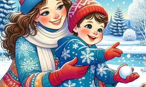 Un petit garçon de 1 an, Lucas, est assis dans la neige, souriant. Il porte une combinaison bleue avec des flocons de neige et un bonnet rouge. À côté de lui, sa maman, une femme d'environ 30 ans avec des cheveux bruns et bouclés, lui lance une boule de neige en riant. Elle est vêtue d'un manteau chaud et coloré, penchée vers lui. Le paysage est hivernal, avec des arbres enneigés et un lac gelé en arrière-plan. Lucas, les bras levés, s'apprête à attraper la boule de neige, son visage rayonnant de joie.