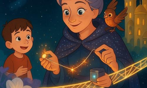 Maïra, guérisseuse sereine au chignon gris-prune, porte une cape de filaments lumineux et tient une petite boîte vibrante tandis qu'elle tisse un fin fil d'argent pour recoudre la passerelle lumineuse entre un jardin flottant aux grandes fleurs lunaires et une cité de tours solaires dorées; un oiseau de cuivre inquiet est sur son épaule et, au premier plan à gauche, un garçon d'environ huit ans tend timidement un petit caillou-lampion doré; le pont de lumière surplombe un vide étoilé ponctué de nébuleuses turquoise et de poussières noires tombantes, les fleurs reprennent couleur et les tours vibrent, ambiance magique aux tons chauds mêlés de bleus profonds, style doux et enfantin.