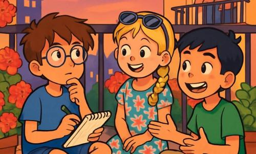 Il y a trois personnages : Maxime, un garçon de 10 ans avec des cheveux bruns en bataille et des lunettes rondes, assis sur un coussin coloré avec un carnet et un stylo, l'air pensif ; Léa, une fille de 9 ans avec des cheveux blonds tressés et des lunettes de soleil, souriante à côté de Maxime ; et Ilyès, un garçon de 10 ans avec des cheveux noirs et des taches de rousseur, assis en face de Maxime, enthousiaste. Ils se trouvent sur un balcon fleuri, entouré de géraniums rouges et de menthe, avec un ciel mauve et orange et des guirlandes lumineuses. Les amis discutent joyeusement de leurs réussites et doutes, partageant rires et sourires, tandis qu'un voisin les observe.