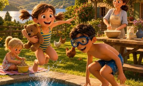 Scène estivale dans le jardin d'une maison de campagne : une fille de 8 ans, joyeuse, cheveux bruns en couettes, taches de rousseur, en maillot rayé bleu et jaune tenant son ours en peluche et sautant vers la piscine ; son frère d'environ 10 ans, teint hâlé, cheveux courts noirs, lunettes de plongée, prêt à plonger avec des éclaboussures ; une sœur de 6 ans, cheveux blonds en queue de cheval, robe à fleurs, assise sur une serviette faisant un château de sable ; la mère (≈35 ans), cheveux châtain attachés, tablier léger, près d'une table de pique-nique préparant de la pâte, les regardant avec bienveillance, pelouse verte, piscine bleue, vieille maison en pierre aux volets verts, poules, collines et lac au loin, ambiance ensoleillée, rires, éclairage doré, rendu style film d'animation 3D aux couleurs vives et textures douces.