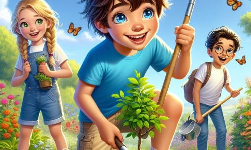 Lucas, un garçon de 8 ans aux cheveux bruns en bataille et aux yeux curieux, plante un petit arbre dans un jardin ensoleillé. Il porte un t-shirt bleu et un short beige, affichant une grande fierté. À ses côtés, sa meilleure amie Léa, avec des cheveux blonds tressés et un sourire radieux, l'encourage avec une pelle à la main. Plus loin, Maxime, également âgé de 8 ans, aux cheveux châtains et lunettes rondes, observe en tenant un arrosoir. Le jardin est fleuri et verdoyant, avec des papillons et un ciel bleu parsemé de nuages. La scène montre Lucas et ses amis unis dans leur mission de planter des arbres, symbolisant leur engagement pour la nature.