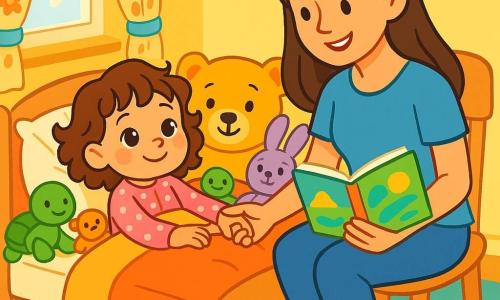 Lila, une petite fille de 4 ans aux grands yeux brillants et au sourire doux, est allongée dans son lit douillet, entourée de peluches colorées. Elle porte un pyjama rose à pois et a les cheveux châtains bouclés. Son visage rayonne de joie et de sérénité, indiquant qu'elle se sent mieux après sa maladie. À ses côtés, sa maman, une femme d'une trentaine d'années aux cheveux longs et bruns, lui tient la main avec tendresse tout en lui lisant une histoire. La chambre est lumineuse et accueillante, avec des murs jaune pastel et des jouets éparpillés, créant une atmosphère joyeuse. Lila, heureuse et aimée, est prête à plonger dans un monde d'histoires et de rêves.