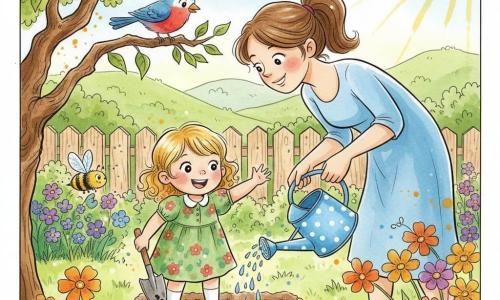 Une fillette de 6 ans, boucles blondes, robe verte à fleurs, plante des graines avec une petite pelle pendant que sa maman d’environ 30 ans, cheveux châtains attachés, l’arrose avec un arrosoir bleu à pois ; un oiseau rouge et bleu perché sur une branche basse du vieux pommier, une abeille jaune et noire vole près d’une fleur orange ; jardin ensoleillé au pied du pommier, sol humide, parterres multicolores, clôture en bois clair et collines vertes en arrière-plan, ambiance chaleureuse, couleurs vives, traits encreux et textures aquarelle.