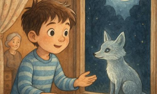 Un garçon de 8 ans en pyjama rayé bleu, cheveux bruns en bataille et regard émerveillé, ouvre légèrement la fenêtre et tend la main vers un petit loup argenté posé sur le rebord extérieur ; en arrière-plan sa grand-mère d’environ 70 ans, cheveux gris en chignon, sourit tendrement près d’une commode dans une chambre en bois aux rideaux à fleurs et couverture tricotée, la pleine lune éclaire la scène de reflets argentés tandis que la forêt sombre et arrondie derrière la fenêtre scintille de quelques lucioles.