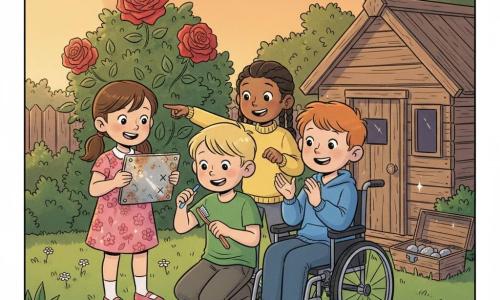 Quatre enfants dans un jardin familial au crépuscule : Lina, ~6 ans, cheveux bruns en couette, robe à fleurs roses, tient devant elle une vieille plaque métallique brillante (à gauche) ; Noé, ~6 ans, cheveux blonds courts, t-shirt vert, s'agenouille au centre et frotte la plaque avec une brosse à dents de jeu ; Maya, ~5 ans, cheveux noirs en tresse, pull jaune, sourit et montre une flèche gravée sur la plaque, juste derrière Noé ; Sam, ~6 ans, cheveux roux, sweat bleu, garçon en fauteuil roulant à roulettes, applaudit joyeusement à droite, près de Lina. La plaque porte un X et une flèche pointant vers une petite cabane en bois rustique à droite ; herbe verte parsemée de pâquerettes, grand rosier rouge en arrière-plan, boîte en bois près de la cabane avec quelques cailloux brillants visibles, lumière chaude orange du soleil couchant, ambiance d'émerveillement et de joie, métal légèrement rouillé qui brille.