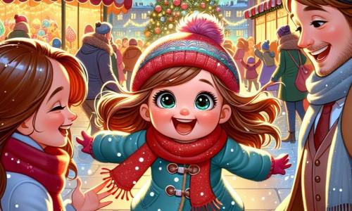 Une petite fille de 3 ans, avec de grands yeux brillants et des joues roses, porte une écharpe rouge et un bonnet en laine. Elle sourit et court vers ses parents. Sa maman, une femme d'une trentaine d'années avec de longs cheveux bruns et un manteau bleu clair, l'accueille les bras ouverts. Son papa, un homme barbu avec un bonnet en laine, sourit à côté d'elle. Le marché de Noël est animé, rempli de stands décorés de guirlandes lumineuses, avec des flocons de neige tombant doucement et des gens dansant autour d'un grand sapin décoré. La scène montre la petite fille courant vers ses parents, créant une atmosphère festive et joyeuse.