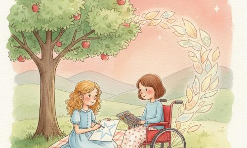 Deux fillettes d’environ 7 ans : Lila, cheveux bouclés dorés en robe bleu clair, assise à gauche sous un pommier, dessine une grande étoile au crayon bleu ; Zoé, cheveux châtains courts, en fauteuil roulant rouge avec une petite couverture à pois à droite, lui tend une boîte de crayons en souriant. Scène dans un jardin au crépuscule : grand pommier aux feuilles vert tendre et pommes rouges, herbe douce, couverture à carreaux, collines lointaines et ciel rose-orangé, quelques feuilles-papiers s’envolent. Elles échangent des promesses écrites sur des feuilles qui s’élèvent comme des oiseaux et forment un pont lumineux vers le ciel étoilé. Style aquarelle douce aux pastels chauds, textures papier granuleuses, contours légers, expressions tendres, ambiance magique et rassurante, détails nets pour visages, fauteuil et feuilles flottantes.