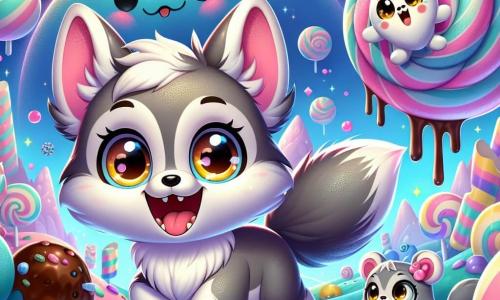 Au centre de l'image, Loupou, un petit loup aux yeux brillants et au pelage soyeux, se tient sur une planète colorée en forme de bonbon, souriant d'émerveillement avec un fruit sucré dans sa patte. À côté, Mia, une petite souris grise aux grandes oreilles, saute de joie en pointant une rivière de chocolat. Titi, un robot rond avec un écran en forme de visage souriant, flotte au-dessus du sol, observant le paysage. En arrière-plan, des arbres en guimauve pastel et des montagnes en sucre d'orge se dressent sous un ciel étoilé, créant une atmosphère magique. Loupou et ses amis découvrent ce monde sucré, remplis de joie et d'émerveillement, prêts à explorer les délices.