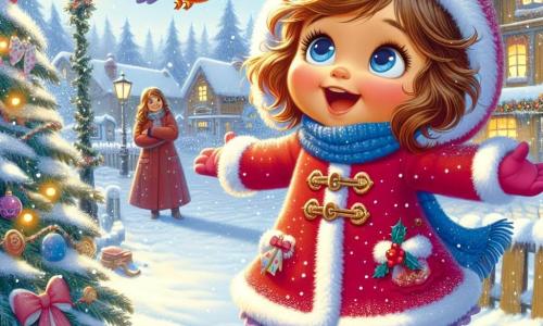 Une petite fille de 1 an, Zoé, aux joues roses et aux cheveux bouclés, sourit avec émerveillement dans un paysage enneigé. Elle porte un manteau rouge vif avec une capuche en fourrure blanche et ses petites bottes sont recouvertes de neige. À côté d'elle, un oiseau bleu chante joyeusement. En arrière-plan, sa maman, une femme d'environ 30 ans avec de longs cheveux bruns, la regarde avec tendresse près d'un grand sapin décoré. Le lieu est un village enneigé avec des maisons en bois et des lumières scintillantes. Zoé, émerveillée par la magie de Noël, court vers sa maman tandis que l'oiseau bleu vole autour d'elle.