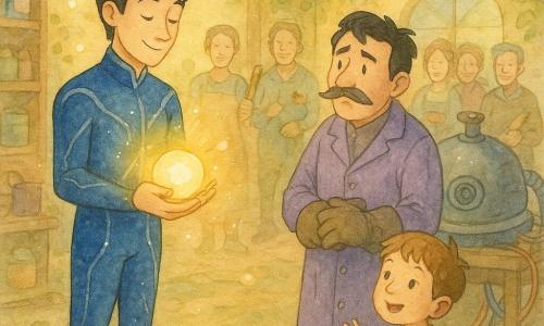 Orion Zéphyr, serein et bienveillant, cheveux noirs en pointe, vêtu d’une combinaison bleue aux lignes argentées et de bottes étoilées, tient doucement une petite boule lumineuse ; le Docteur Moustachrome, adulte un peu penaud en blouse violette, gants trop grands et moustache en éclair, se tient près d’une grande machine arrêtée ; un garçon d’environ 7 ans au pull jaune, cheveux châtain, regarde Orion émerveillé près de la fontaine ; des villageois souriants, âgés de 30 à 50 ans, certains tenant outils et pots de peinture, se rassemblent dans l’atelier lumineux aux murs de lierre, étagères en bois, câbles colorés et pots renversés ; la lumière est douce et dorée, des bulles lumineuses flottent et l’atmosphère aquarelle souligne qu’Orion protège la boule pendant que la communauté, avec le Docteur repentant, s’unit pour réparer la machine.