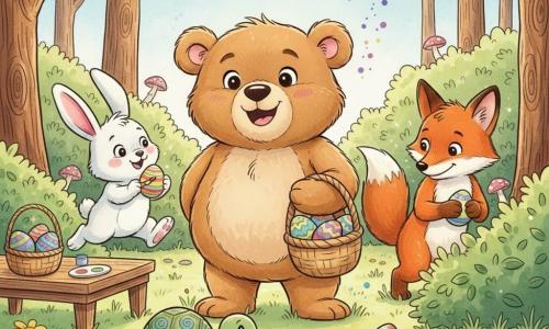 Petit Ours, un ours en peluche brun clair au sourire joyeux, tient un panier d'œufs peints au centre; Lapin Malin, petit lapin blanc aux grandes oreilles roses, peint un œuf rayé à gauche; Renard Rusé, renard roux malicieux mais gentil, cache un œuf scintillant dans un buisson à droite; Tortue Tranquille, petite tortue verte à carapace bleutée, observe un œuf dans l'herbe devant Petit Ours; scène de chasse aux œufs dans un jardin forestier ensoleillé avec herbe verte, fleurs jaunes et mauves, arbres texturés, quelques champignons et ciel pâle, ambiance chaleureuse et colorée, aquarelle douce.