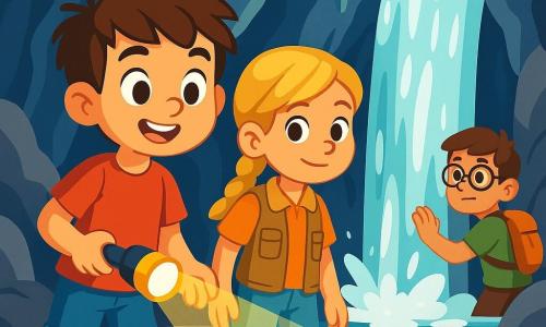 Un garçon de 8 ans nommé Louis se tient au bord d'une cascade souterraine, les yeux brillants de curiosité. Il a des cheveux bruns en bataille, un t-shirt rouge et un short en denim, tenant une lampe torche. À ses côtés, Zoé, une fille de 8 ans avec des cheveux blonds tressés et un sourire déterminé, porte un gilet d'exploration et observe la cascade. Tom, un garçon de 9 ans musclé avec des lunettes et un t-shirt vert, examine la paroi rocheuse, prêt à aider. La scène se déroule dans une grotte mystérieuse avec des stalactites et des murs de pierre grise, où l'eau de la cascade tombe dans un bassin cristallin. Les enfants se préparent à traverser la cascade rugissante, un défi qui met à l'épreuve leur courage et leur amitié.
