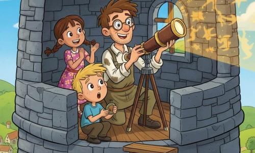 Un inventeur souriant aux lunettes rondes et blouse tachée d'huile, cheveux bruns en bataille, ajuste une petite lampe à l'intérieur d'un télescope artisanal en métal et bois pointé vers la fenêtre; à côté, un garçon d'environ 8 ans, blond aux taches de rousseur, accroupi, bouche en 