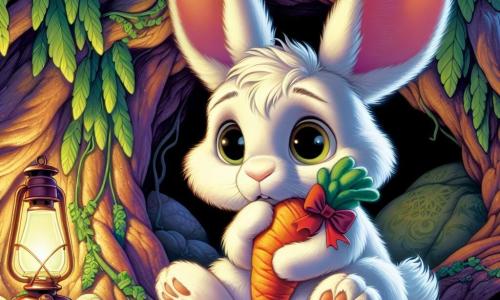 Léo, un jeune lapin aux grandes oreilles blanches, est assis dans son terrier, serrant une peluche carotte. Ses yeux brillants trahissent une légère peur. À côté de lui, sa maman lapin au pelage brun clair le regarde tendrement, lui offrant du réconfort. Le terrier, rempli de racines et de petites pierres, est éclairé par une lampe à huile, créant une atmosphère chaleureuse et mystérieuse. Inquiet, Léo observe son environnement, ses oreilles dressées, tandis que sa maman lui murmure des mots doux pour le rassurer.