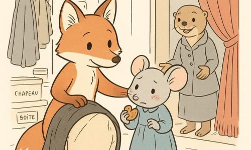 Roux, un renard debout sur ses pattes arrière, au visage doux et regard rassurant, tient une housse de tambour d’une patte et pose l’autre sur l’épaule d’une petite souris timide, Lili, joues pleines de miettes, tenant un biscuit à la cannelle; le tambour, partiellement couvert par une housse noire, est posé devant eux tandis qu’une traînée de miettes mène au bord droit de l’image; en arrière-plan, Madame Loutre en tailleur, agenouillée et souriante, ouvre les bras depuis la porte des coulisses, derrière laquelle se devinent la réserve de costumes, chapeaux et un grand rideau rouge; l’atmosphère est chaleureuse et calme, avec une composition centrée sur Roux et Lili, traits nets et détails texturés pour guider le regard.