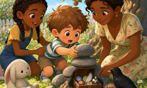 Un garçon de 4 ans au visage rond soulève un petit caillou lisse, émerveillé ; sa mère, accroupie à côté, sourit et aide près d’un cairn tandis que sa grande sœur de 8 ans le soutient en lui tenant la main. Un merle observe perché sur une racine et le doudou lapin repose sur l’herbe ; le jardin ensoleillé au pied d’un vieux pommier, herbe et marguerites, révèle sous le dernier caillou une petite boîte en bois contenant des cailloux peints multicolores, une plume blanche, un bouton brillant et une petite clochette argentée.