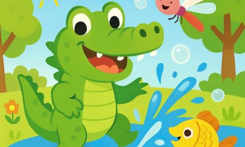 Coco, un crocodile joyeux à la peau verte brillante et aux yeux malicieux, se tient au bord d'un étang en souriant. Il éclabousse l'eau avec sa grande queue, tandis que Lulu la libellule, colorée et scintillante, vole en cercles en riant et en l'encourageant. Max le poisson, aux écailles dorées, nage joyeusement, créant des éclaboussures. L'étang est entouré de fleurs colorées et de grands arbres sous un ciel bleu, baigné de soleil. La scène montre Coco jouant avec ses amis, éclaboussant et riant, avec des bulles de savon flottant autour d'eux, ajoutant une touche magique à ce moment de bonheur partagé.