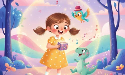 Lina, fille de 4 ans aux couettes brunes et robe jaune à pois blancs, tient une petite boîte brillante aux boutons rouges; Pip, oiseau-guide turquoise et orange coiffé d'un chapeau melon rouge, vole au-dessus de son épaule tandis qu'un petit dinosaure juvénile vert pastel à taches roses danse à côté; autour d'eux, arbres bleu profond à feuilles translucides, fleurs multicolores émettant des ondes musicales, herbe violette et pierres nacrées reflétantes, collines pastel au loin et ciel lavande strié de nuages roses; Lina vient d'appuyer sur le bouton, la machine à voyager s'illumine et une aura ronde les enveloppe, ambiance magique, chaleureuse et en mouvement, style visuel aux couleurs saturées mais douces, dégradés lisses, ombres subtiles et textures en mesh enfantines.